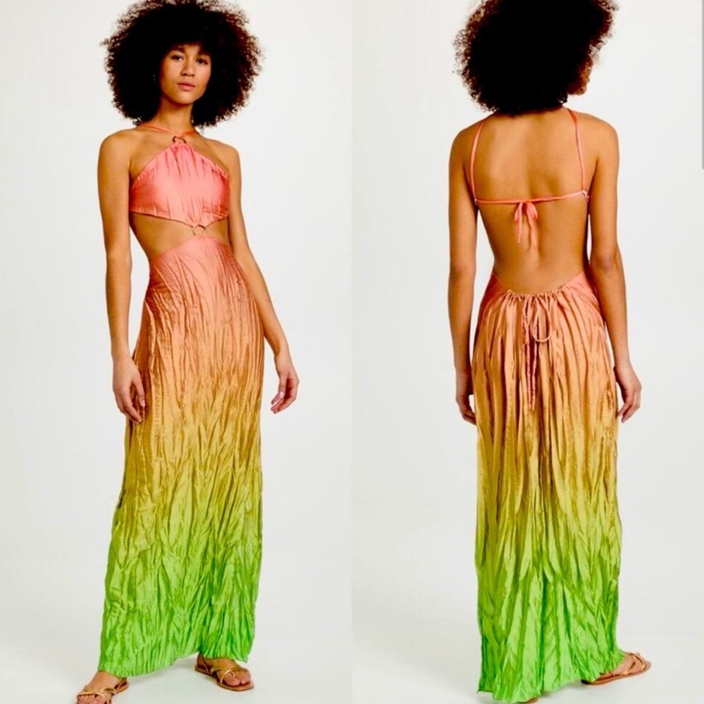 NEW Baobab Kira Satin Accordion Pleated Cut Out Maxi Dress Sunset Ombre Medium